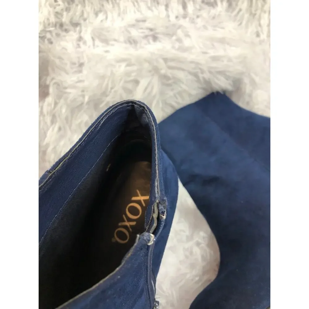 XOXO Yardley‎ Dress Boots Navy Faux Suede Rhinestone Heels Size 9M Zipper Side